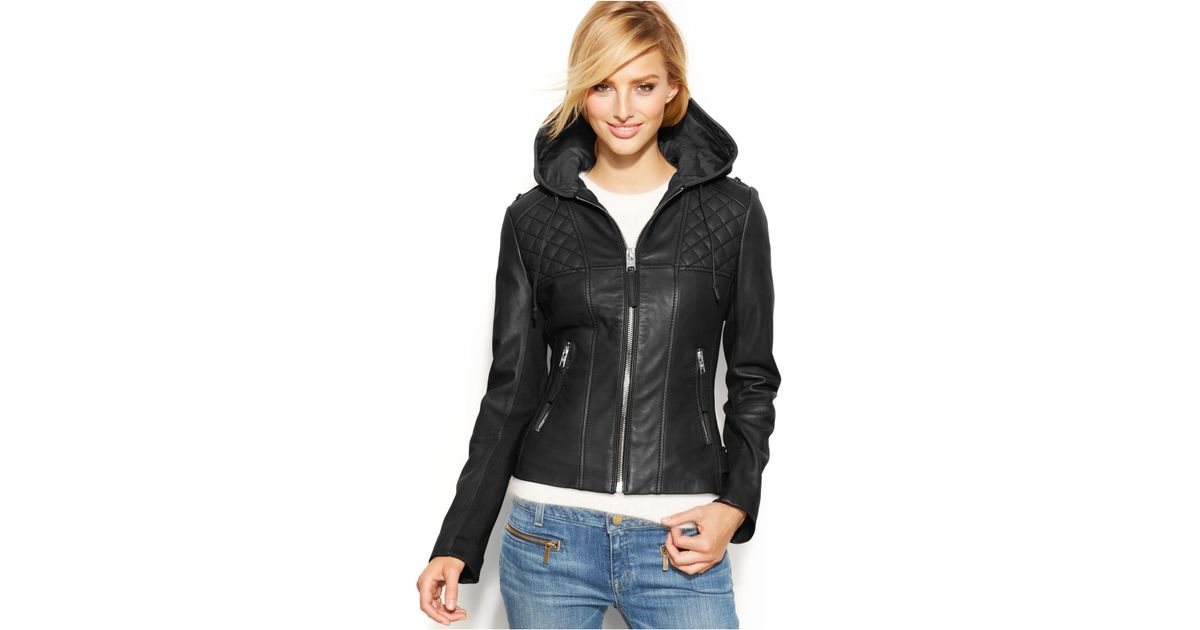 Lyst Michael Kors Petite Knit Inset Hooded Leather Jacket Lyst Michael Kors Petite Knit Inset Hooded Leather Jacket In Black