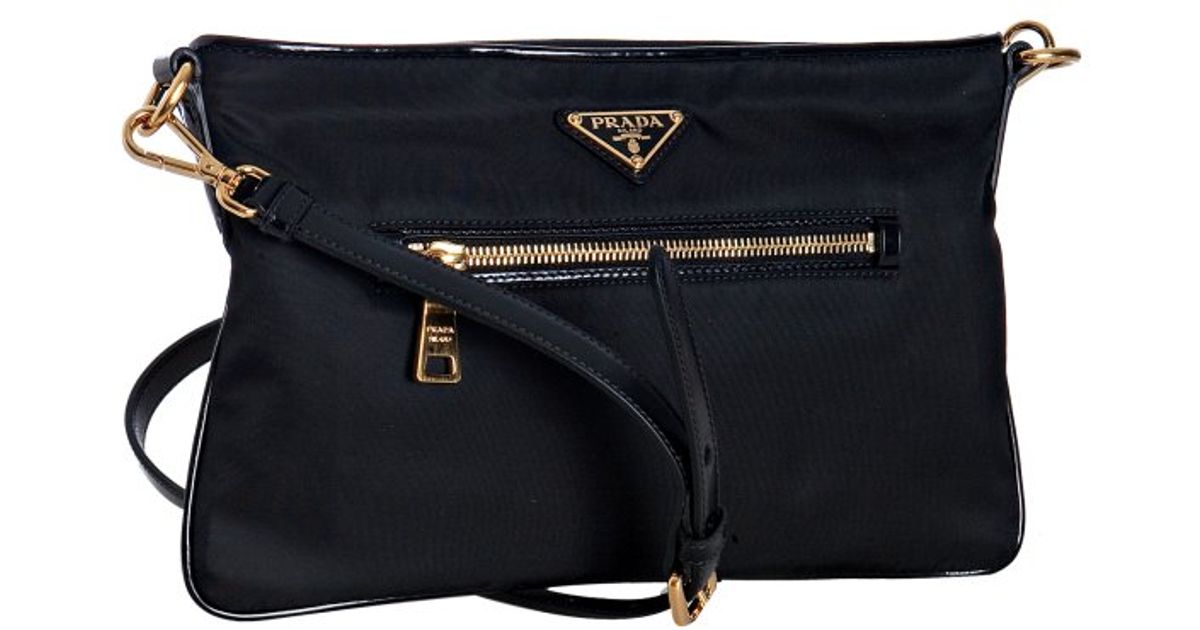 Lyst Prada Black Nylon Leather Trim Flat Shoulder Bag In