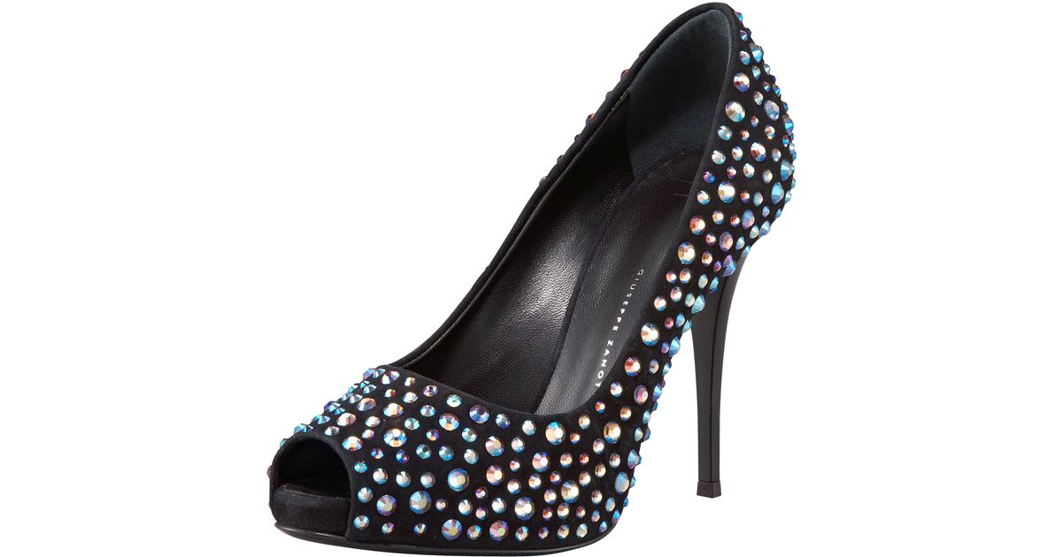 Giuseppe zanotti Crystallized Suede Peep-toe Pump in Black | Lyst