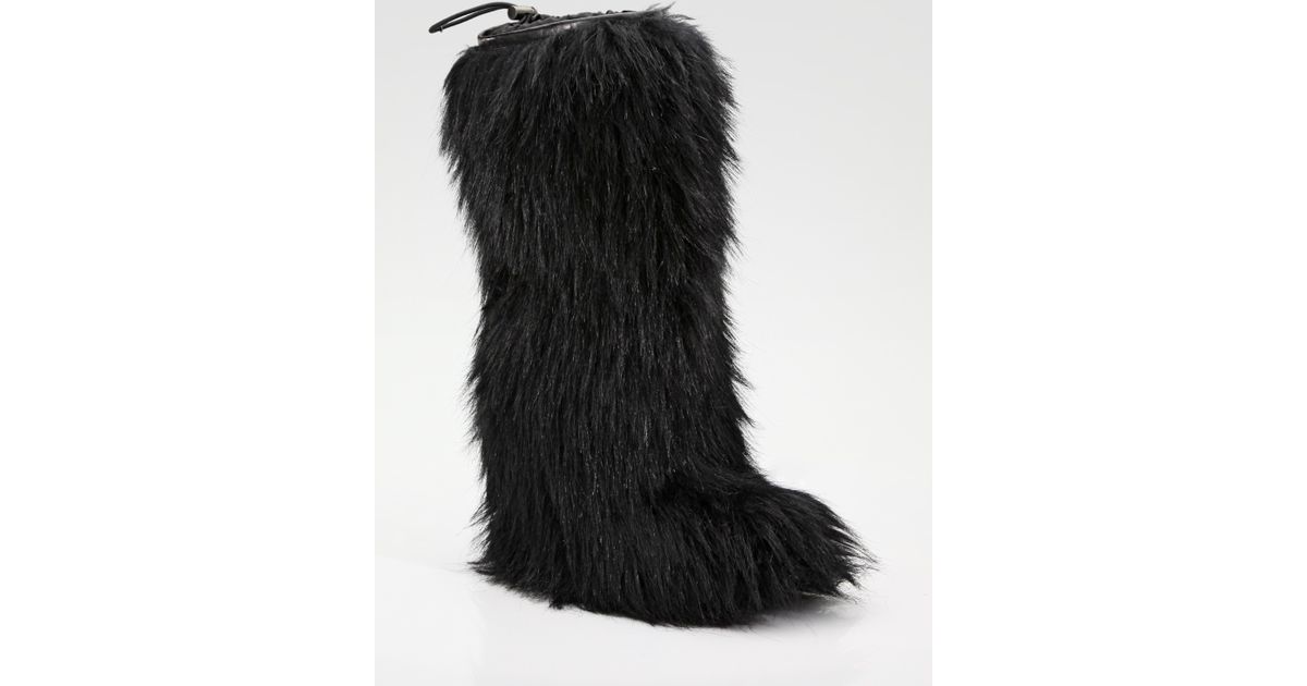 Prada Fur Wedge Boot in Black | Lyst  