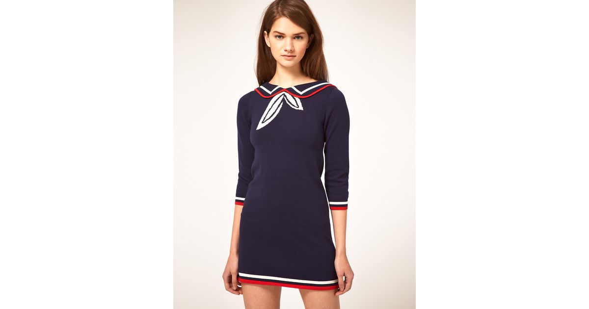 Lyst Asos Collection Knitted Dress with Sailor Collar in Blue
