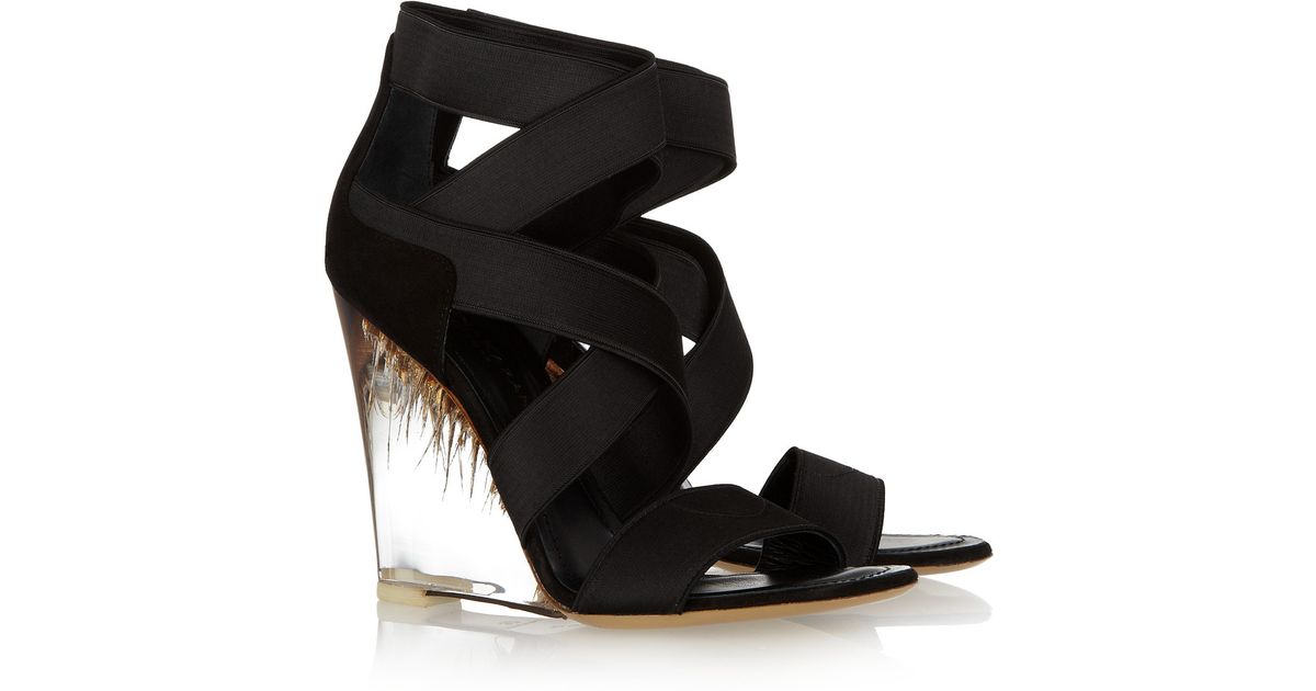 Lyst - Donna Karan Elasticated Strappy Perspex Wedge Sandals in Black