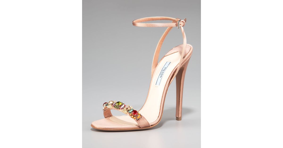 Prada Silk Jeweled Ankle-strap Sandal in Beige (nude) | Lyst  