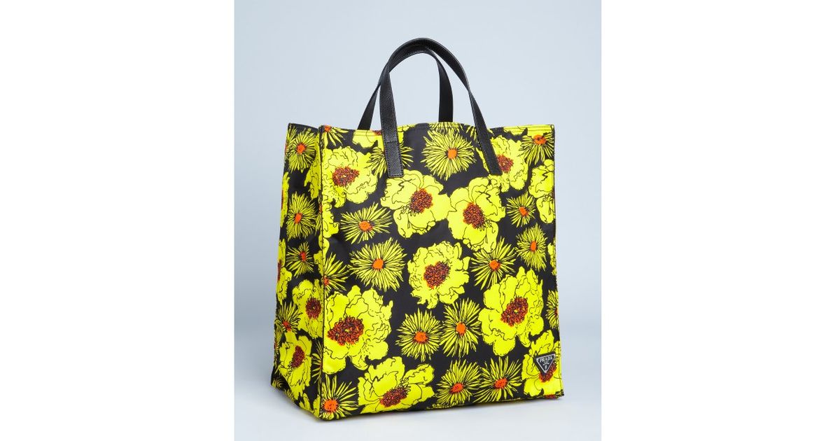 Prada Yellow Floral Print Nylon Tote in Yellow | Lyst