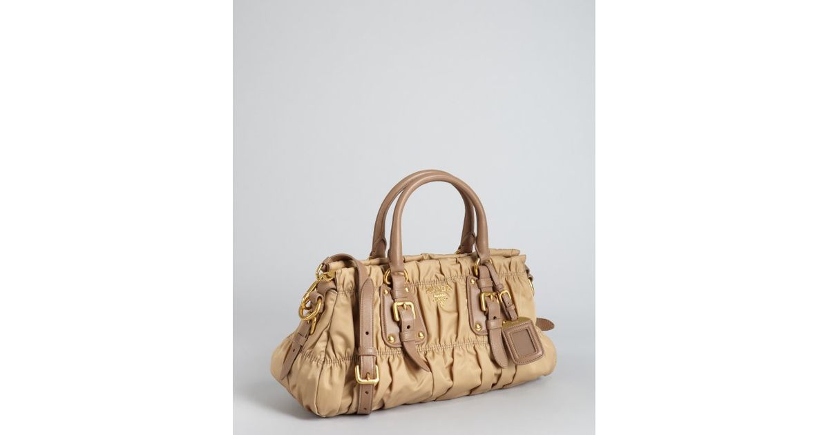 Prada Camel Nylon Gauffre Ruched Buckle Crossbody Satchel in Beige ...