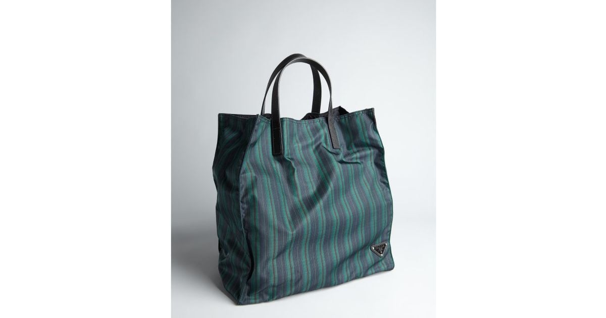 Prada Bottle Green Striped Tessuto Nylon Tote in Green | Lyst