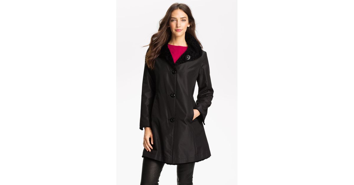 Cole Haan Down Coat With Rabbit Faux Fur Removable Collar In Blue Ellen Tracy Faux Leather Trim Duffle Coat