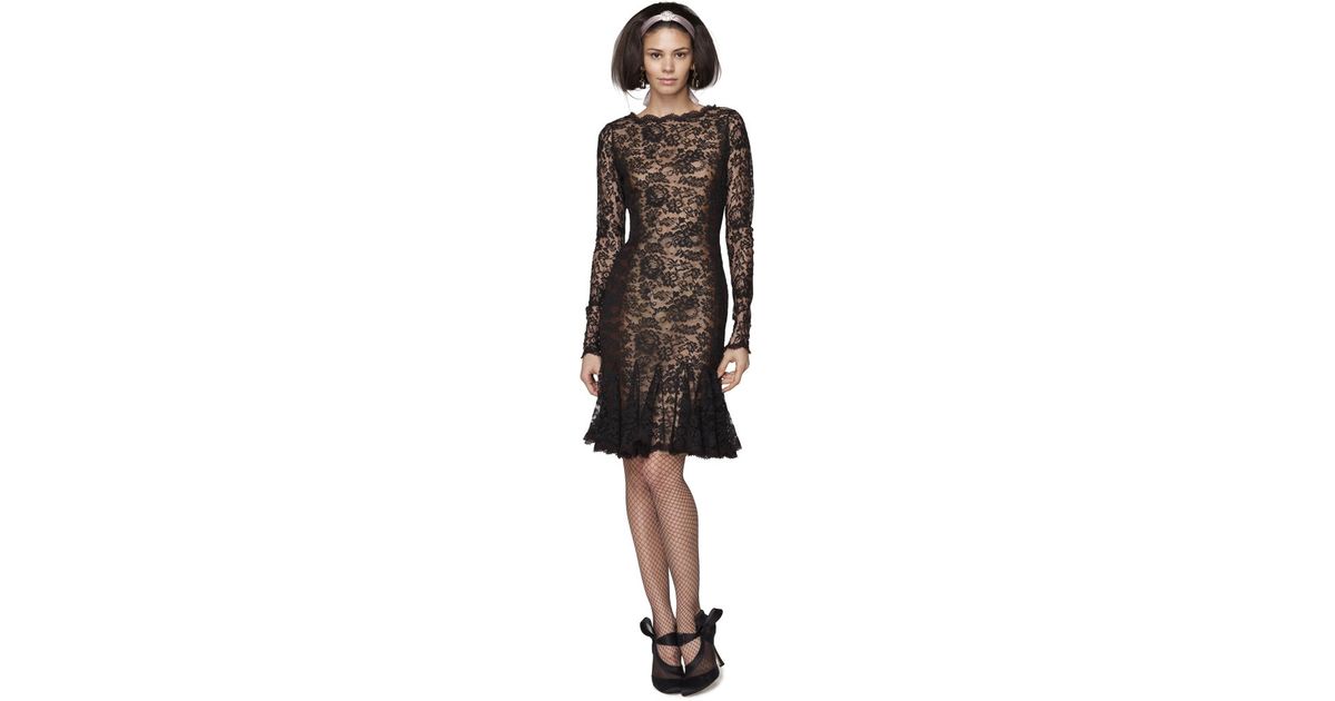 Lyst - Oscar De La Renta Lace Dress with Flared Hem in Metallic