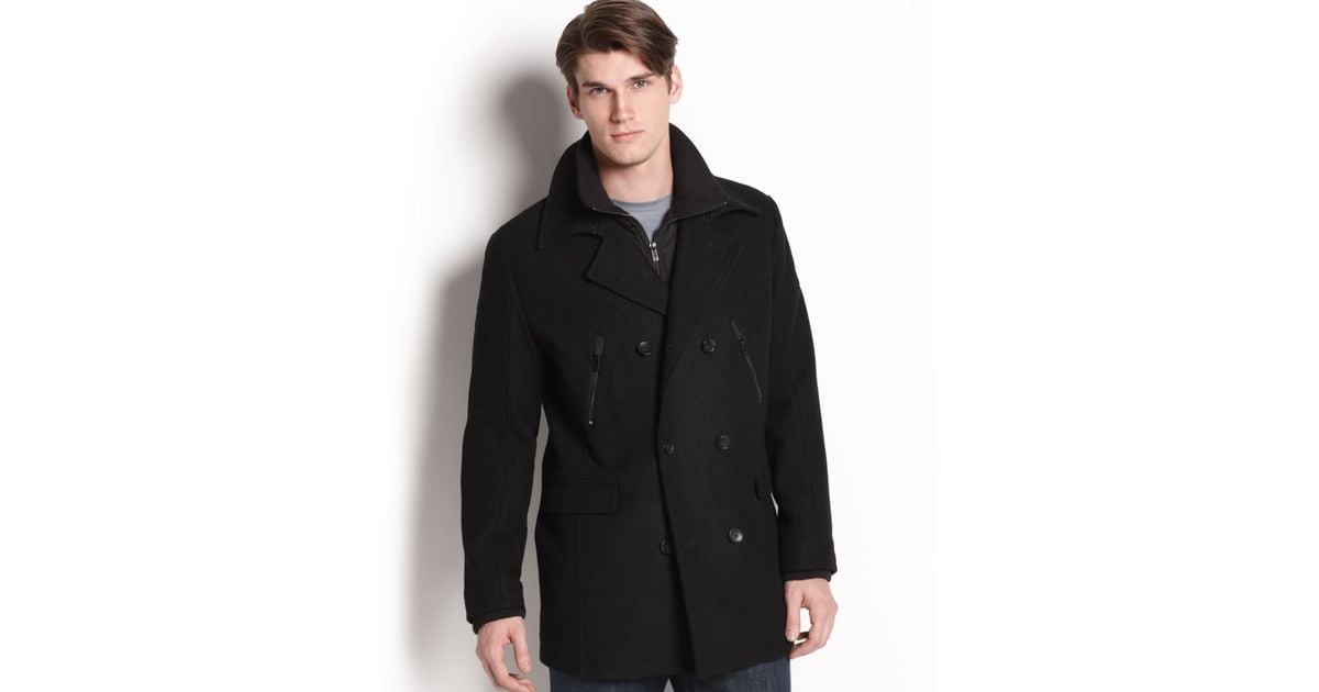 Calvin klein Button Front Pea Coat in Black for Men | Lyst