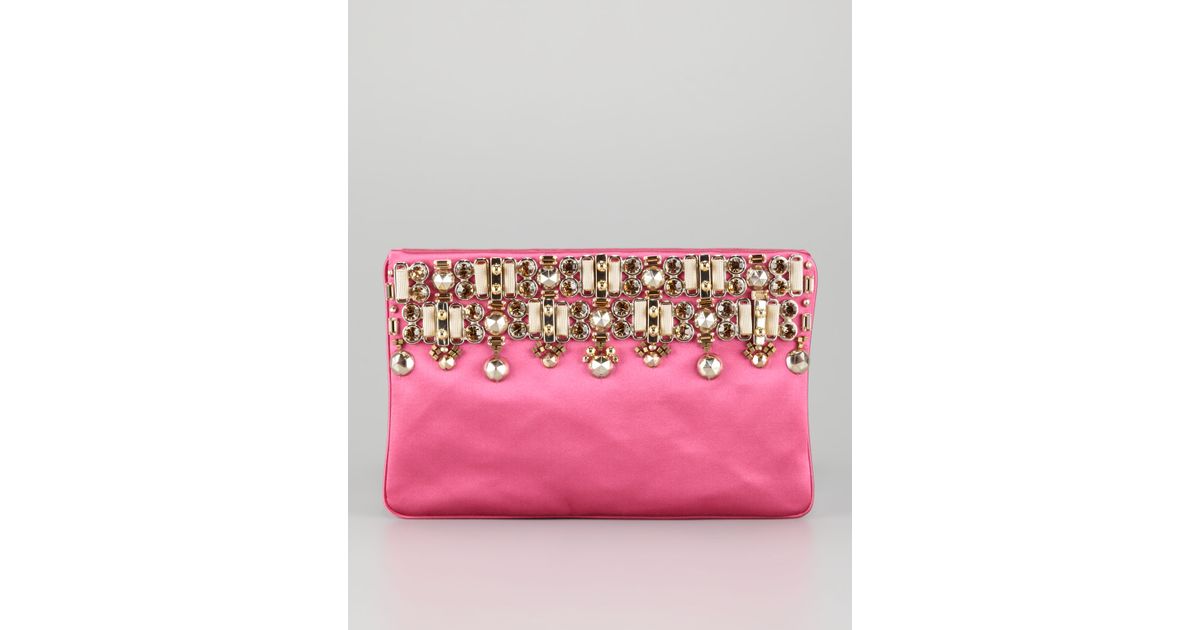 prada tessuto crossbody bag - Prada Jeweled Satin Clutch Bag in Purple (fuchsia) | Lyst