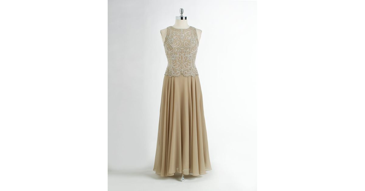 j kara beaded gown and chiffon scarf