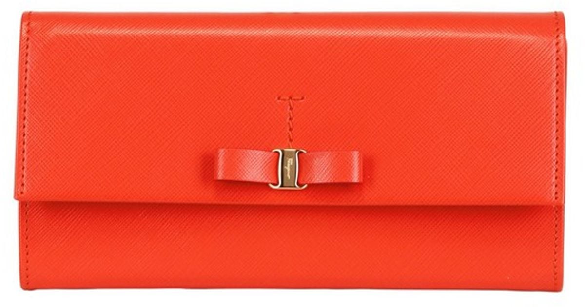 Ferragamo Saffiano Leather Bow Continental Wallet in Orange (dark ...  