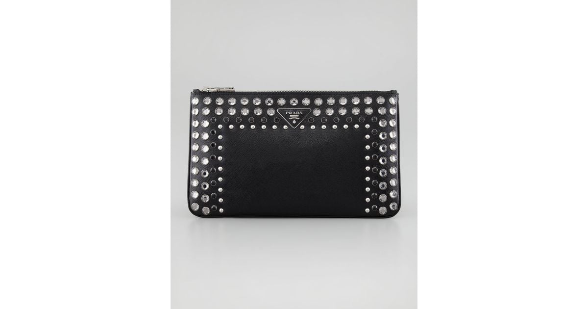 Prada Vernice Saffiano Crystalstudded Clutch Bag in Black | Lyst