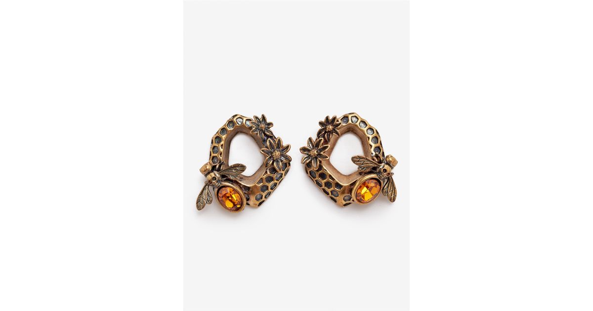 Lyst Alexander Mcqueen Hexagon Bee Skull Earrings In Yellow