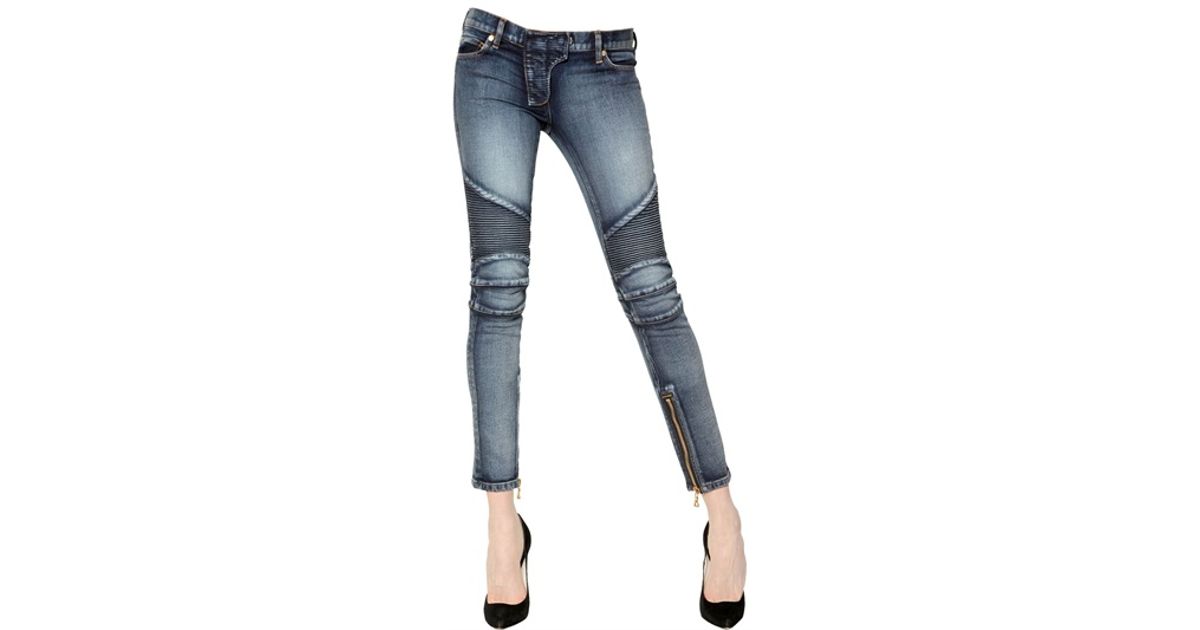 Lyst Balmain Quilted Stretch Denim Biker Jeans in Blue