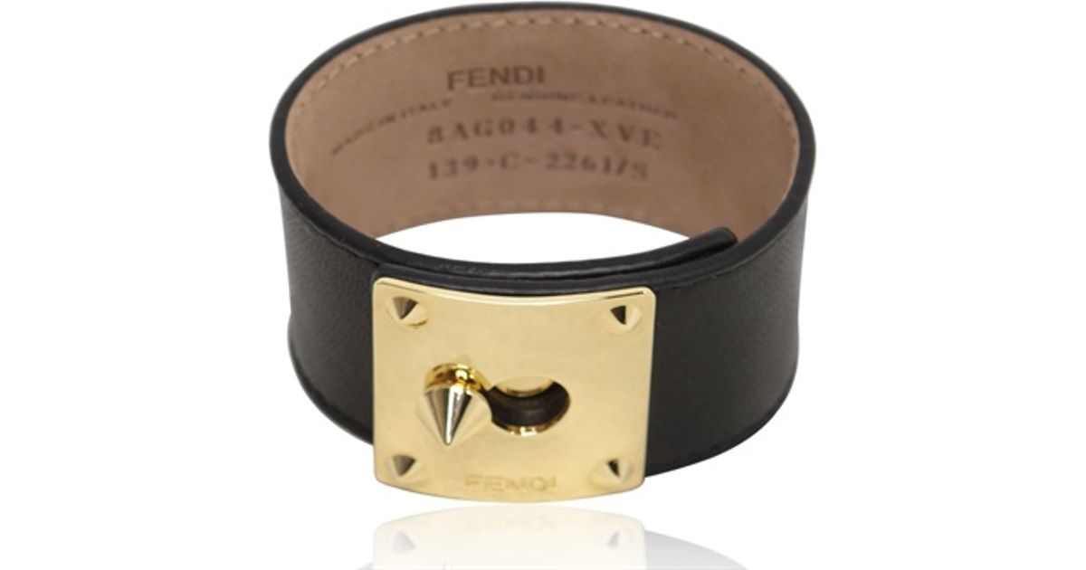 Lyst Fendi Logo Plaque Leather Bracelet In Black