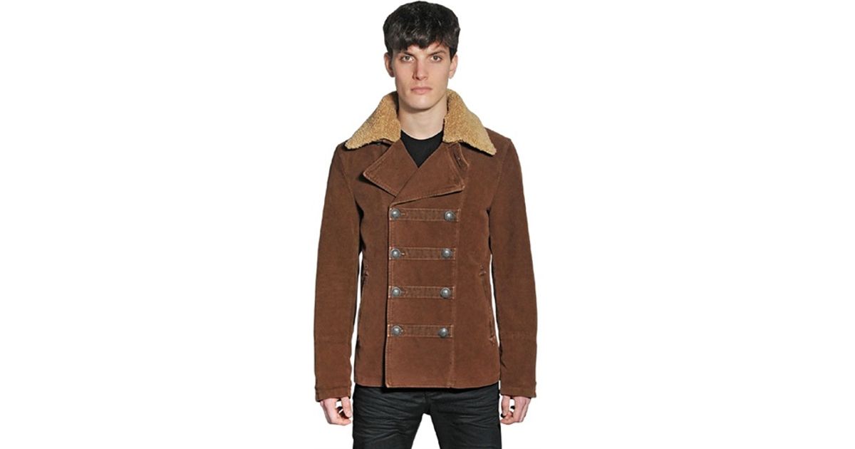 Corto maltese Moleskin Detachable Fur Collar Pea Coat in Brown for Men Lyst