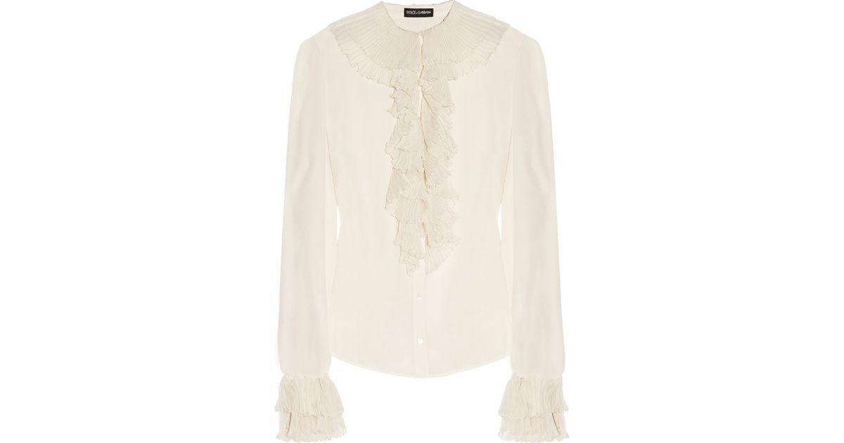 Dolce & gabbana Ruffled Silk Blouse in White | Lyst