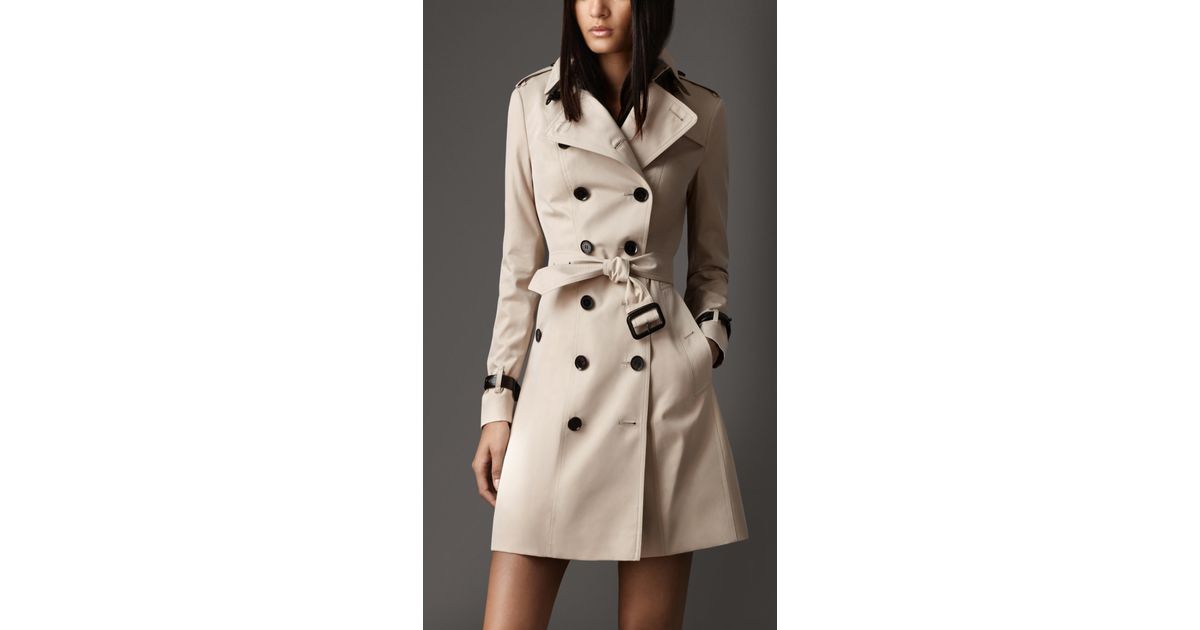 Burberry Long Leather Detail Gabardine Trench Coat In Natural Lyst