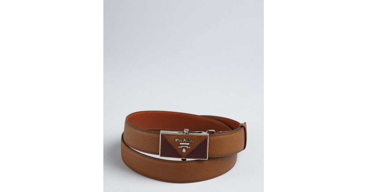 Prada Tan and Burgundy Saffianio Leather Logo Plaque Buckle Belt ...  