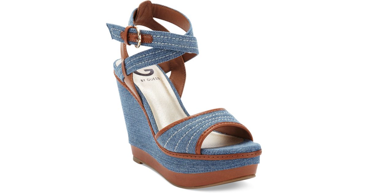 guess denim wedge sandals