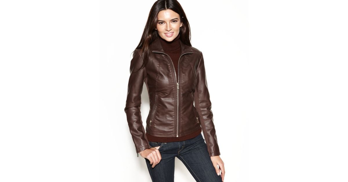 Lyst Kenneth Cole Reaction Faux Leather Zippered Cuff Jacket In Brown