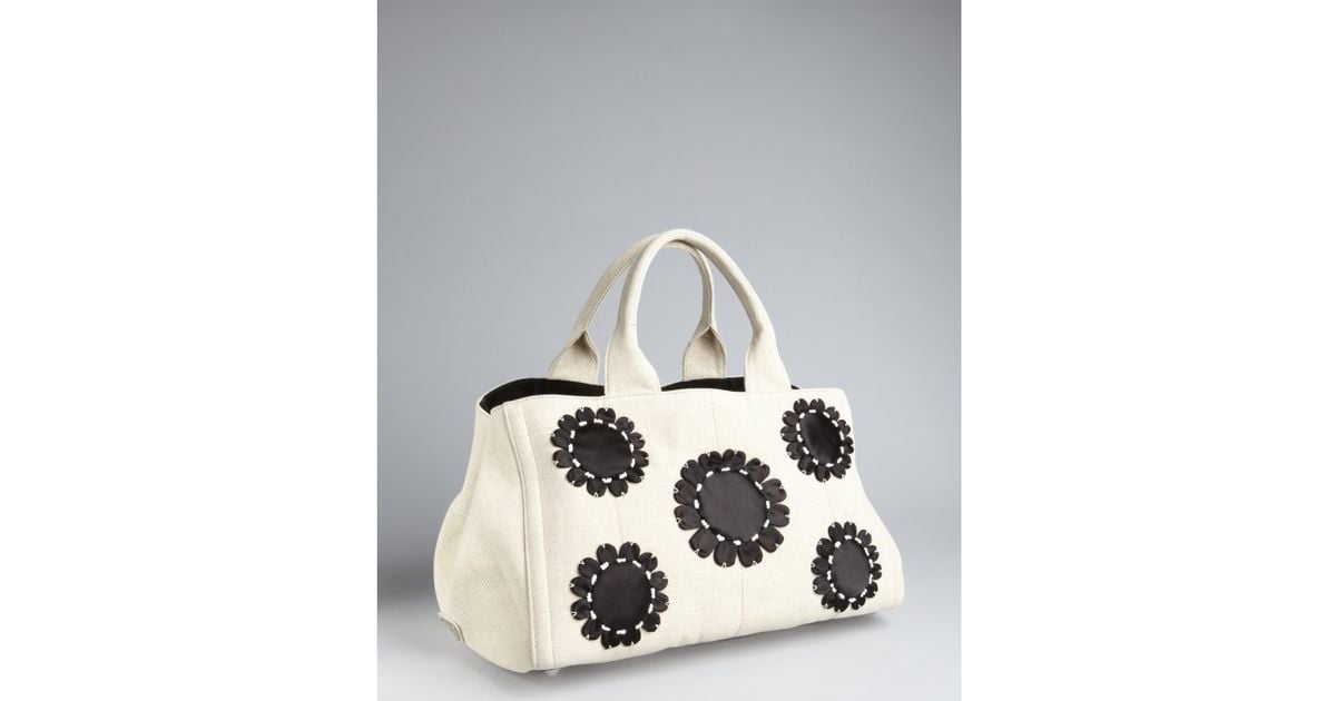 Prada Cream and Black Canvas Flower Detail Tote in White (cream ...