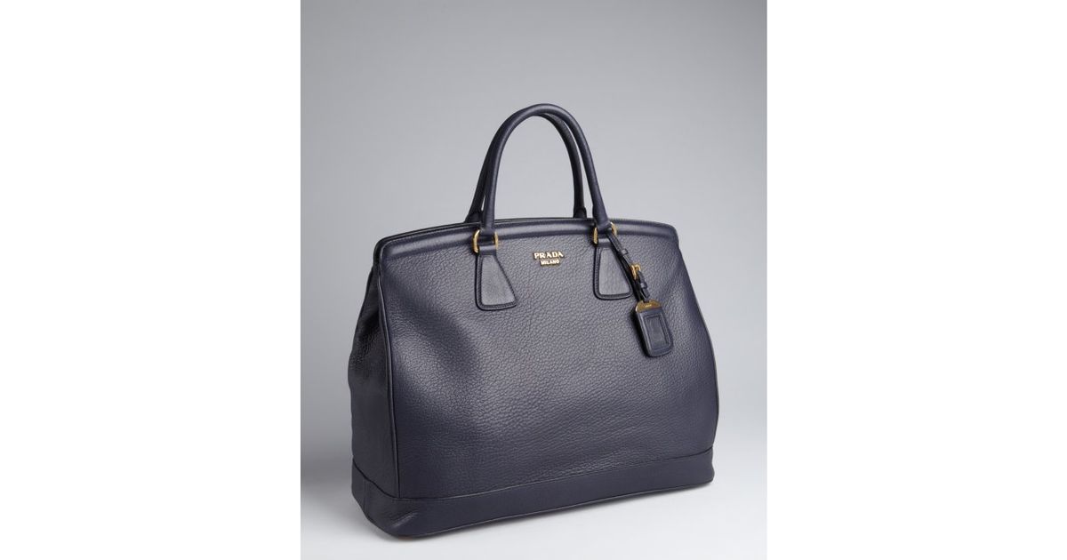 Lyst Prada Navy Leather Logo Large Top Handle Bag In Blue