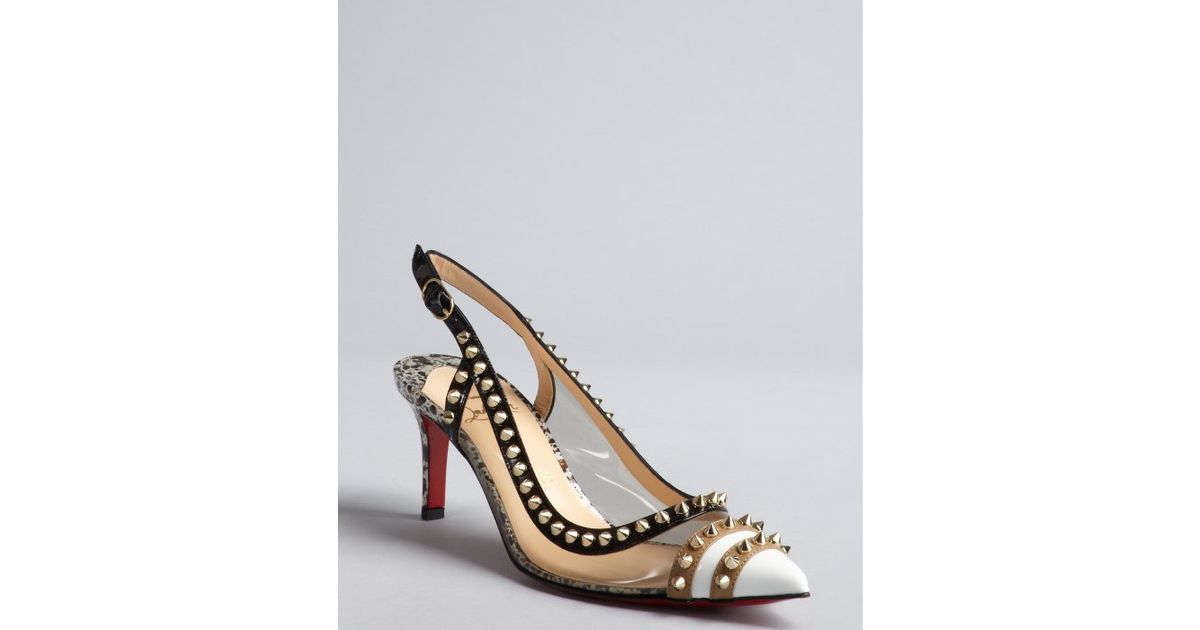 Christian louboutin Grey Patent Leather Trimmed Studded Sling-back ...  