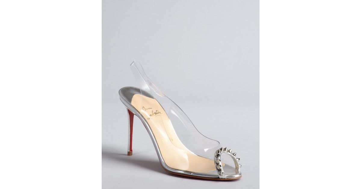 Christian louboutin Silver and Clear Pvc Spike Detailed Sling-back ...