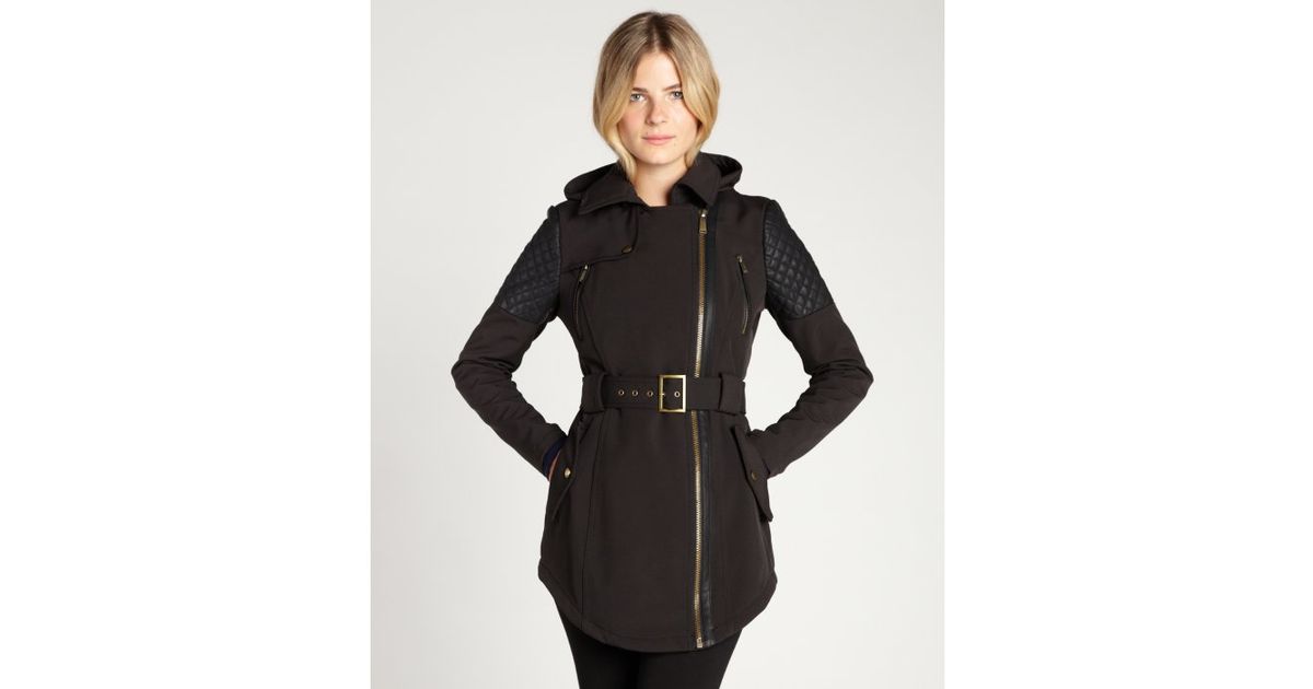 Bcbgeneration Black Softs Quilted Detail Belted Asymmetrical Bcbgeneration Black Softs Quilted Detail Belted Asymmetrical Zip Hooded Jacket In Lyst