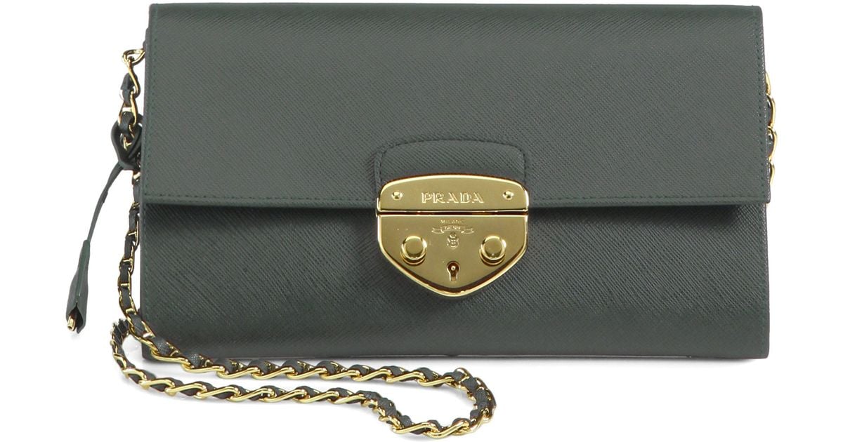 prada messenger handbags - Prada Saffiano Lux Convertible Chain Wallet in Gray (GREEN) | Lyst