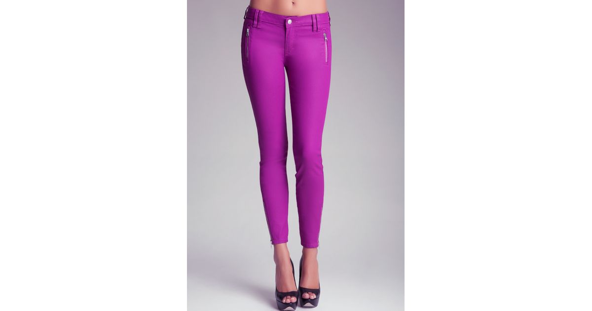 Lyst Bebe Coated Zipper Skinny Jeans in Purple