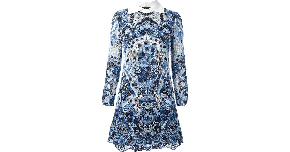 Lyst - Valentino Embroidered Floral Dress in Blue