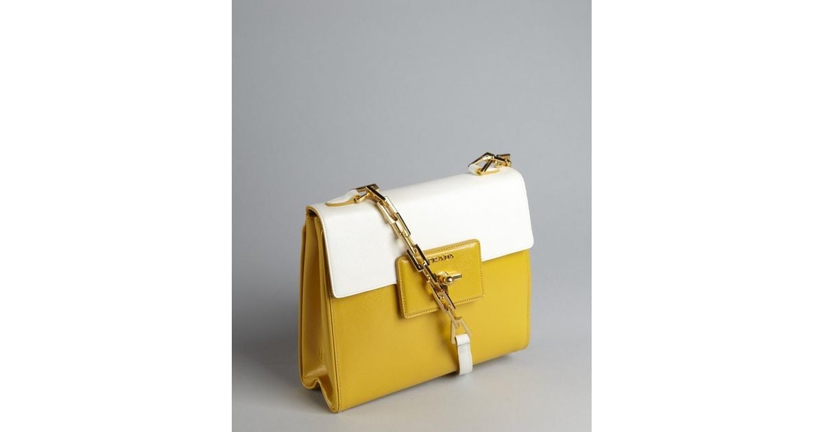 Prada Golden rod and White Crosshatched Leather Chain Strap Turn ...