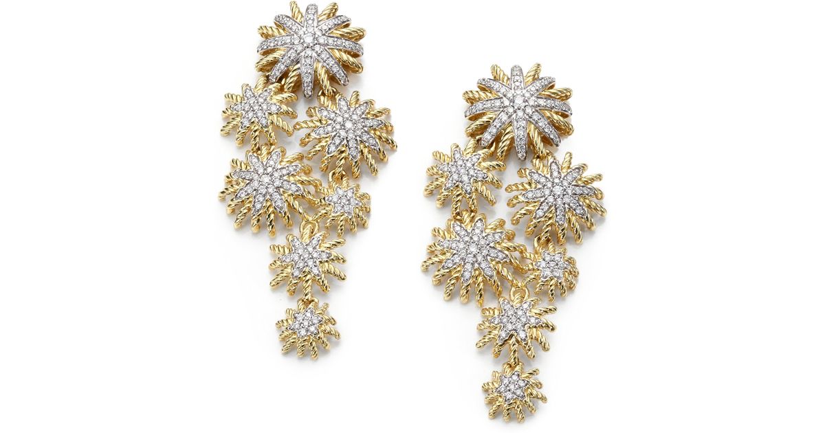 David yurman Diamond 18k Yellow Gold Starburst Cluster Drop Earrings in ...