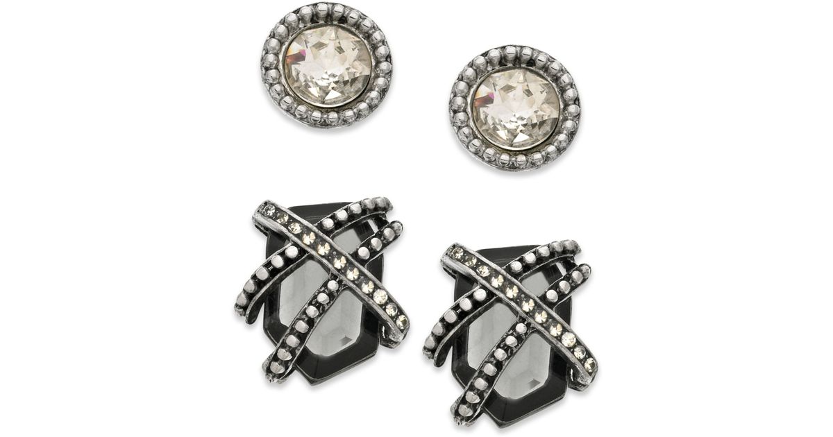 Guess Earring Set Silvertone Crystal Stud and Caged Black Diamond
