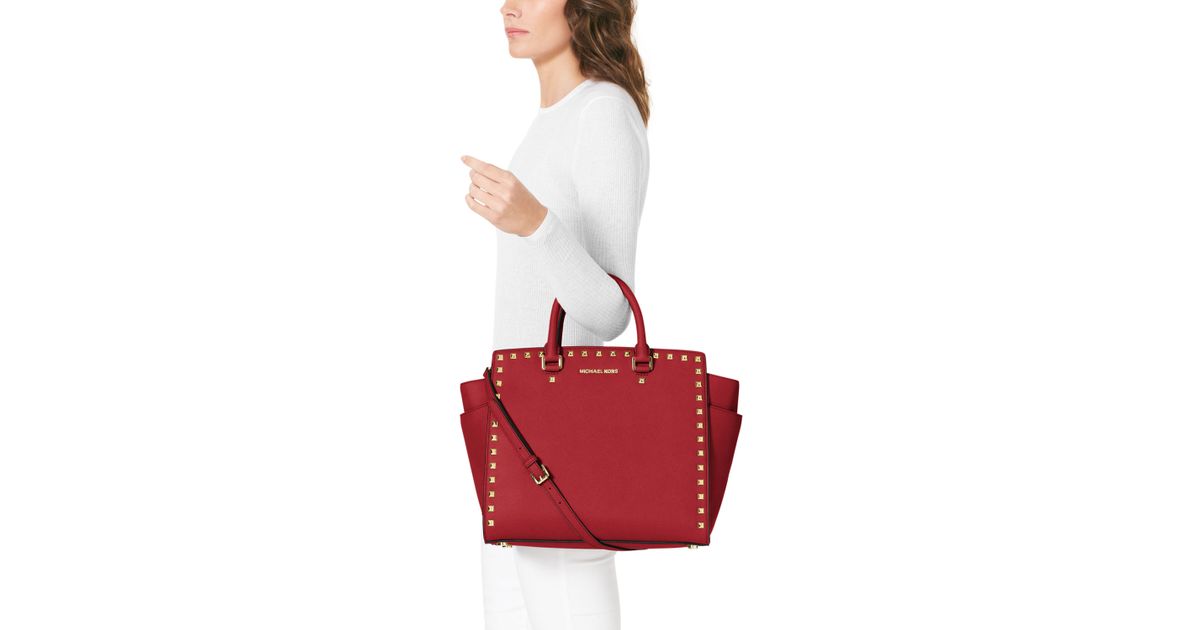 Lyst Michael Kors Large Selma Studded Saffiano Tote In Red
