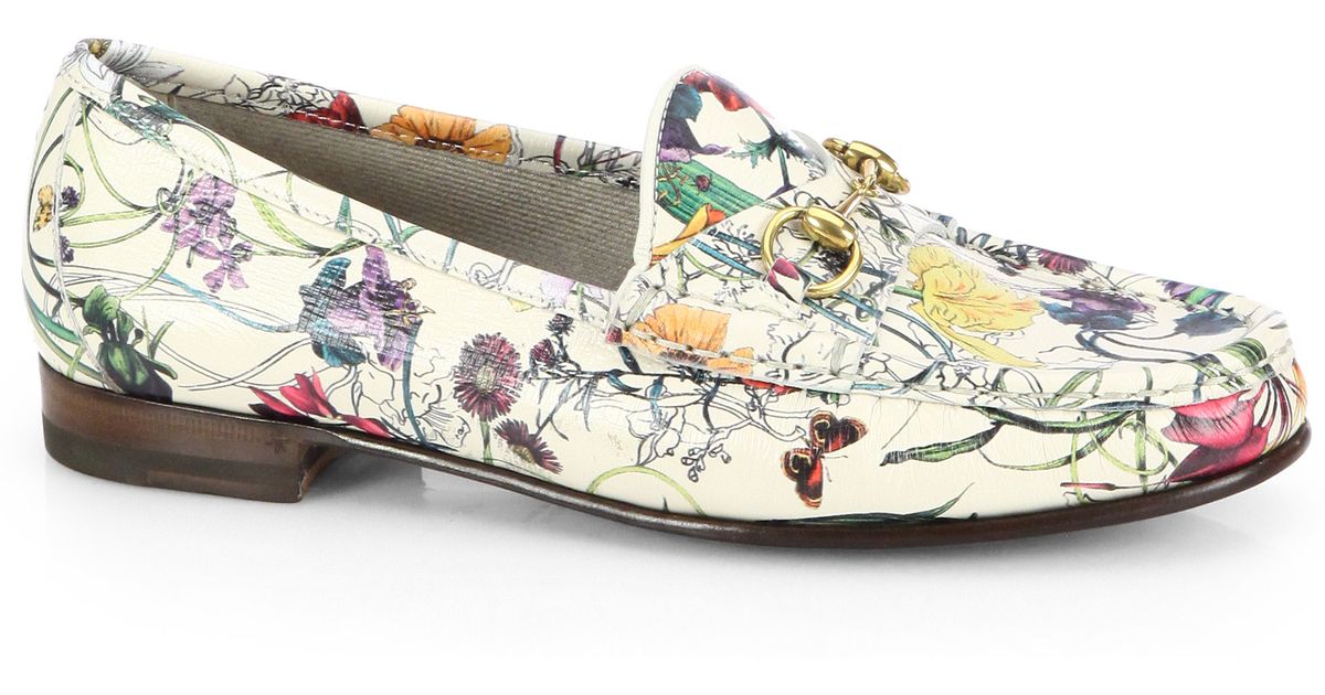 Gucci Floral print Leather Moccasin Loafers Lyst