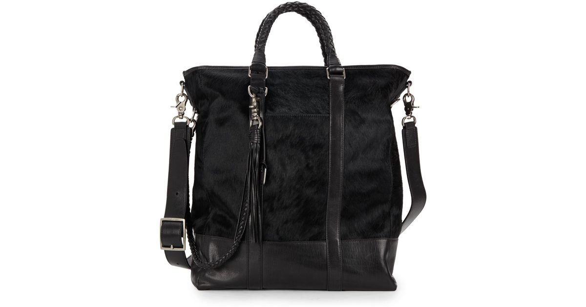 Lyst John Varvatos Bowery Braided Leather Calf Hair Tote In Black
