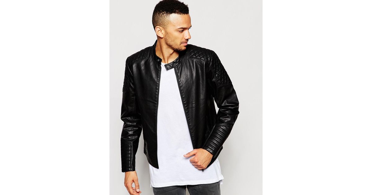 Jack Jones Faux Leather Biker Jacket With Quilted Sleeves In Black Jack Jones Faux Leather Biker Jacket With Quilted Sleeves In Black For Men Lyst