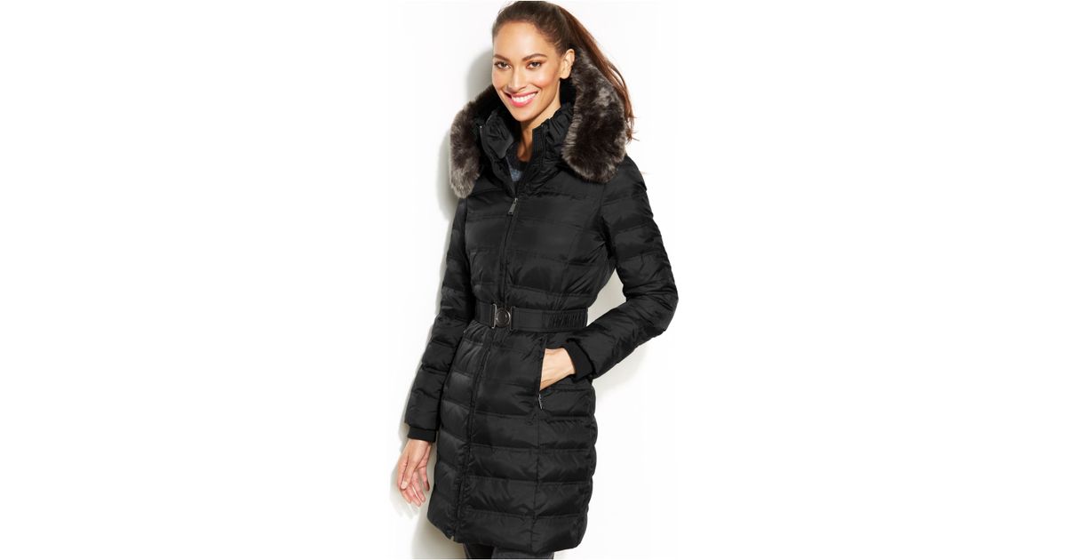 Lyst DKNY Hooded FauxFurTrim Belted Down Puffer Coat in Black