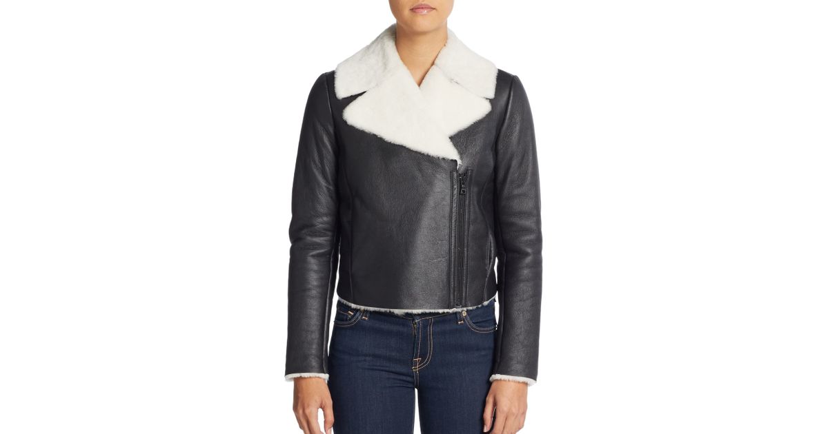 Alice Olivia Cropped Shearling Lined Leather Jacket In Black Lyst
