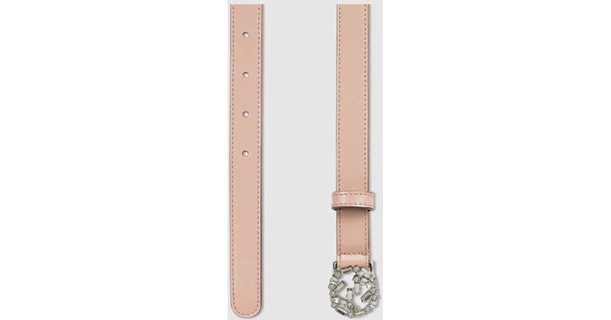 Gucci Thin Leather Belt With Crystal Gg in Natural - Lyst