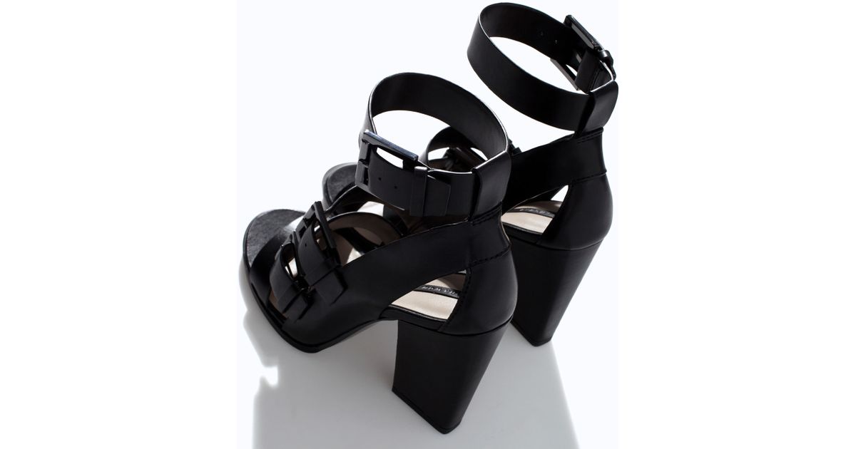 Zara High Heel Leather Sandal with Buckle in Black | Lyst