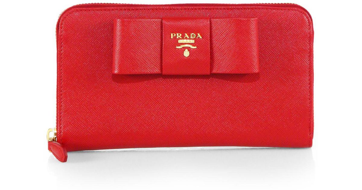 Prada Saffiano Bow Zip-Around Wallet in Red (FUOCO-RED) | Lyst  