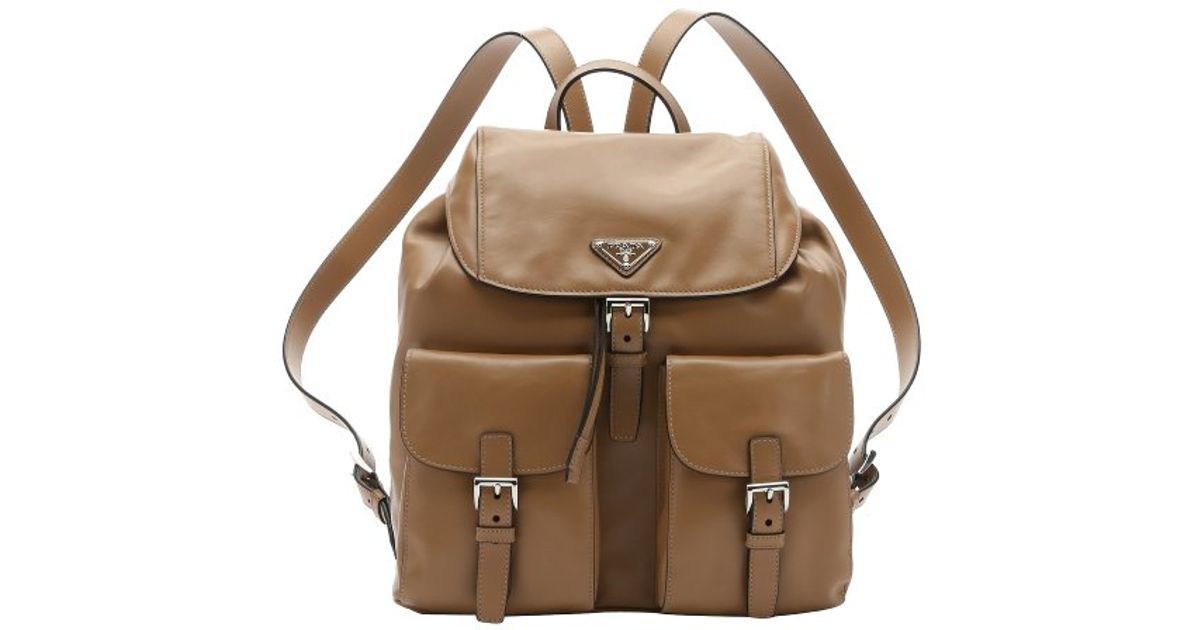 Prada Caramel Calfskin Double Buckle Backpack in Brown (caramel ...