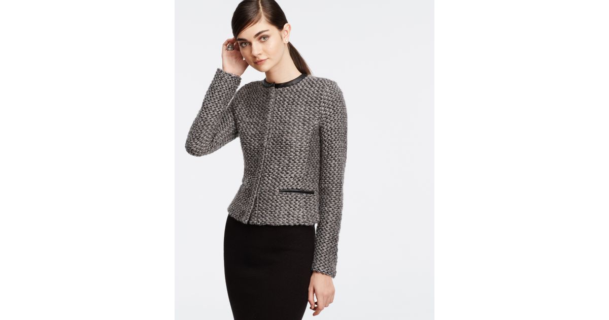 Lyst Ann Taylor Faux Leather Trim Tweed Jacket In Gray