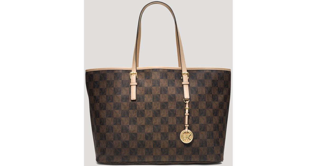 Lyst Michael Kors Tote Jet Set Travel Checkerboard Logo Lyst Michael Kors Tote Jet Set Travel Checkerboard Logo Medium In Brown