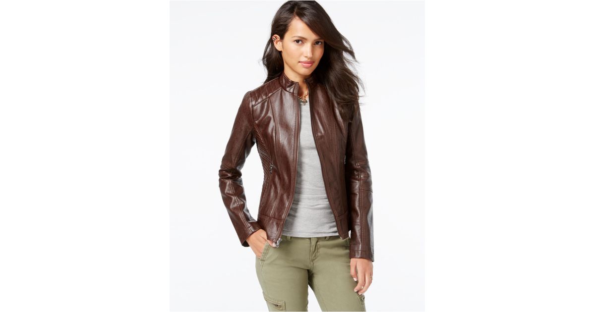Guess Quilted Detail Faux Leather Moto Jacket In Brown Lyst